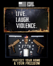 Load image into Gallery viewer, Deluxe Black Distressed Handgun Concealment Wall Art Live Laugh Violence Design