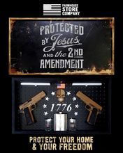 Load image into Gallery viewer, Deluxe Black Distressed Handgun Concealment Wall Art Jesus & 2nd Amendment Design