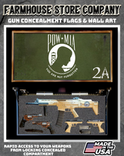 Load image into Gallery viewer, Gun Concealment Flag Deluxe Wall Art BATTLE-WORN OD GREEN POW-MIA FLAG 2A Design