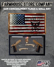 Load image into Gallery viewer, Gun Concealment Flag Deluxe Handgun Wall Art Charred RWB Flag Navy Design
