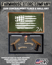 Load image into Gallery viewer, Gun Concealment Flag Deluxe Handgun Wall Art BATTLE-WORN OD GREEN Bullet Flag 2A Design