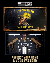 Load image into Gallery viewer, Deluxe Black Distressed Handgun Concealment Wall Art Tread On These Nuts Design