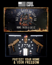 Load image into Gallery viewer, Deluxe Black Distressed Handgun Concealment Wall Art Guns Tacos & Coffee Design
