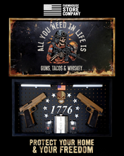 Load image into Gallery viewer, Deluxe Black Distressed Handgun Concealment Wall Art Guns Tacos Whiskey Design