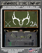 Load image into Gallery viewer, Gun & Bow Concealment Flag Deluxe Wall Art BATTLE-WORN OD GREEN Monster Buck Skull 2A Design