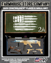 Load image into Gallery viewer, Gun Concealment Flag Deluxe Wall Art BATTLE-WORN OD GREEN Bullet Flag 2A Design