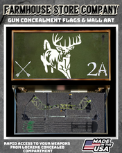 Load image into Gallery viewer, Gun &amp; Bow Concealment Flag Deluxe Wall Art BATTLE-WORN OD GREEN Running Buck 2A Design
