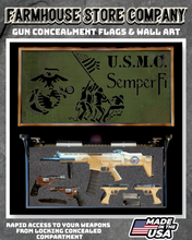 Load image into Gallery viewer, Gun Concealment Flag Deluxe Wall Art BATTLE-WORN OD GREEN USMC IWO JIMA 2A Design
