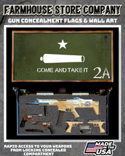 Load image into Gallery viewer, Gun Concealment Flag Deluxe Wall Art BATTLE-WORN OD GREEN 2A Come And Take It Design
