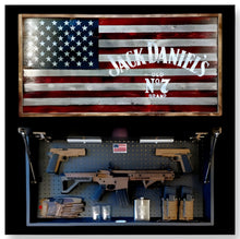 Load image into Gallery viewer, Large Charred Deluxe American Gun Concealment Flag With Jack Daniel&#39;s Wall Art 2.0
