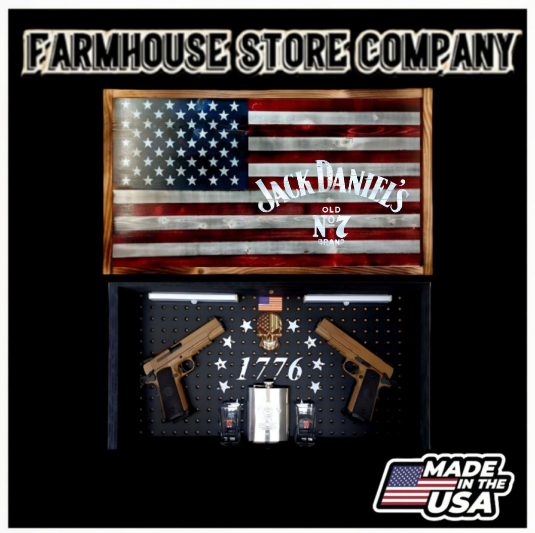 Deluxe Charred American Flag & Jack Daniel's Handgun Concealment Flag Wall Art
