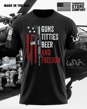 Load image into Gallery viewer, Guns Titties Beer &amp; Freedom Patriotic T-Shirt
