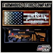 Load image into Gallery viewer, Half American Flag &amp; Jim Beam Long Rifle Gun Concealment Flag Wall Art

