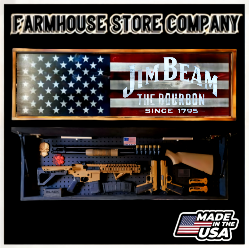 Half American Flag & Jim Beam Long Rifle Gun Concealment Flag Wall Art