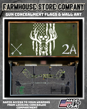 Load image into Gallery viewer, Gun &amp; Bow Concealment Flag Deluxe Wall Art BATTLE-WORN OD GREEN Buck Skull &amp; Flag 2A Design
