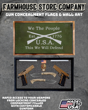 Load image into Gallery viewer, Gun Concealment Flag Deluxe Handgun Wall Art BATTLE-WORN OD GREEN This We Will Defend Design
