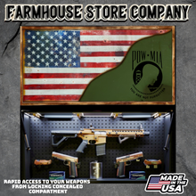 Load image into Gallery viewer, Gun Concealment Flag Deluxe Wall Art TORN &amp; BATTLE-WORN OD GREEN POW-MIA Design
