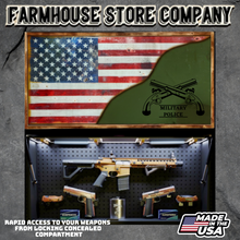 Load image into Gallery viewer, Gun Concealment Flag Deluxe Wall Art TORN &amp; BATTLE-WORN OD GREEN Military Police Design
