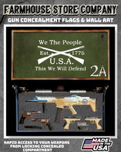 Load image into Gallery viewer, Gun Concealment Flag Deluxe Wall Art BATTLE-WORN OD GREEN 2A This We Will Defend Design

