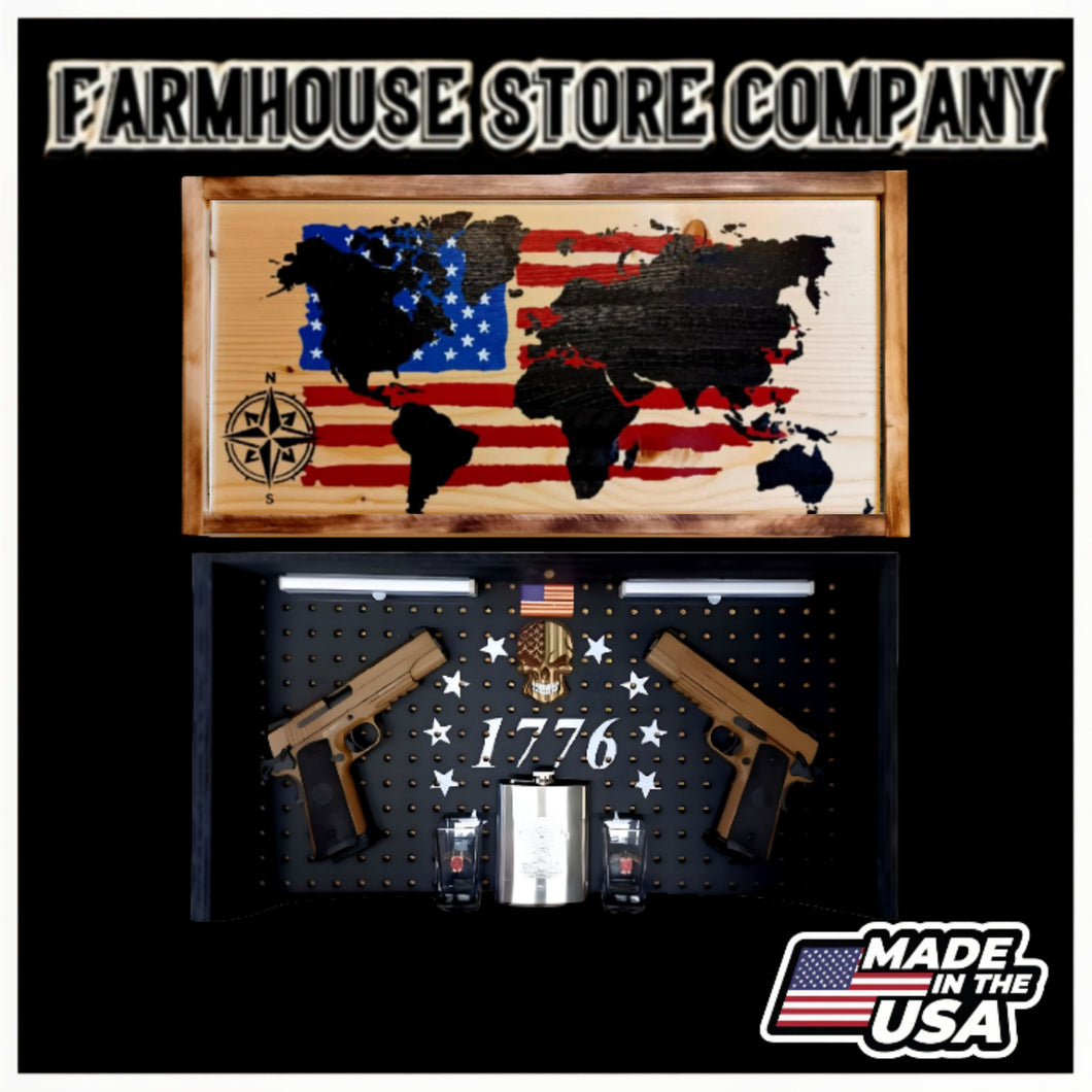 World Map American Flag Concealment Wall Art