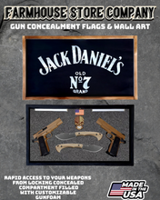 Load image into Gallery viewer, Gun Concealment Flag Deluxe Handgun Wall Art Charred Black Jack Daniel's Design
