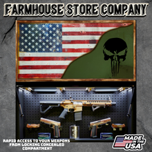 Load image into Gallery viewer, Gun Concealment Flag Deluxe Wall Art TORN &amp; BATTLE-WORN OD GREEN Punisher Design
