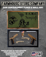 Load image into Gallery viewer, Gun Concealment Flag Deluxe Handgun Wall Art BATTLE-WORN OD GREEN USMC IWO JIMA 2A Design
