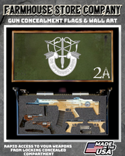 Load image into Gallery viewer, Gun Concealment Flag Deluxe Wall Art BATTLE-WORN OD GREEN 2A Special Forces Design
