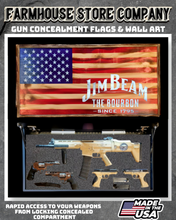 Load image into Gallery viewer, Gun Concealment Flag Deluxe Wall Art Charred Jim Beam Design
