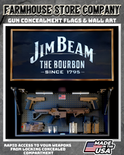 Load image into Gallery viewer, Gun Concealment Flag Deluxe Wall Art Charred Black Jim Beam Design
